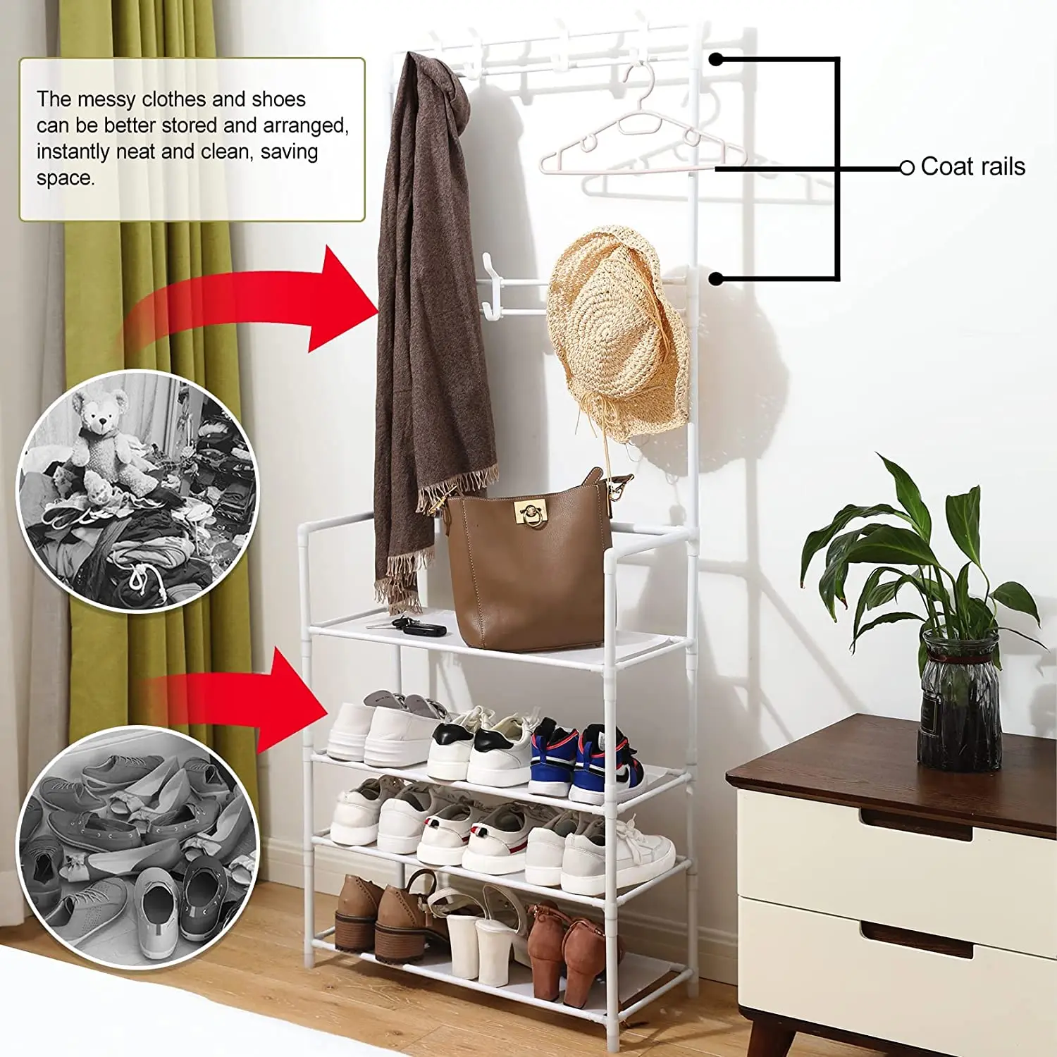 Tenice Hall Tree Coat and Shoe Rack for Entryway, 3-in-1 Design, 5 Tiers Stackable Non-Woven Fabric Storage Organizer