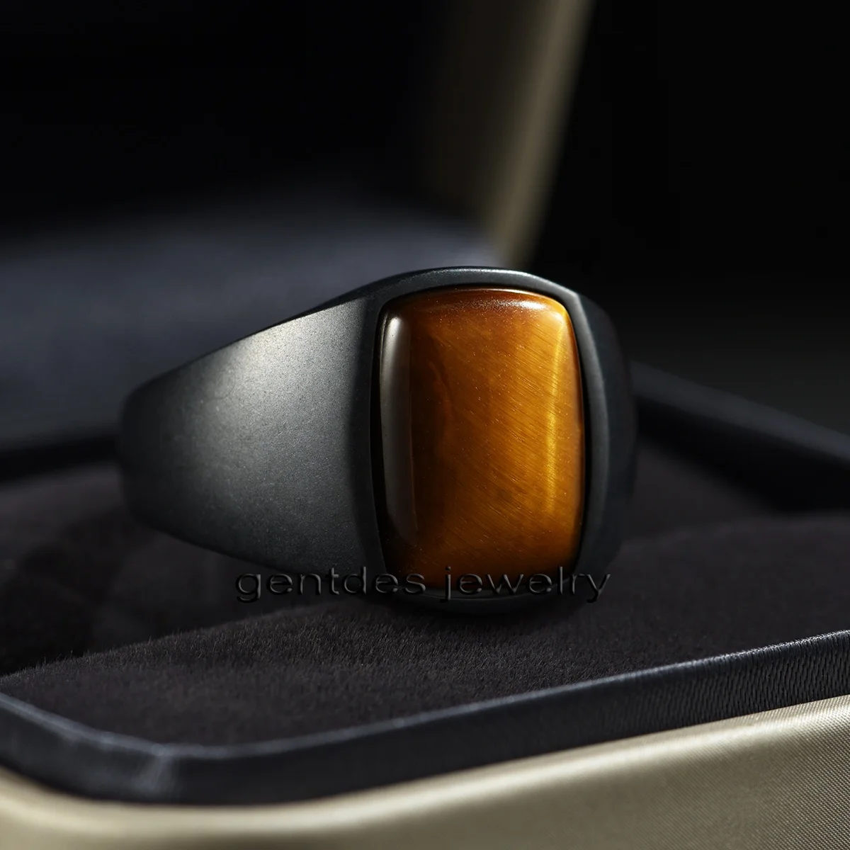 Gentdes Jewelry Black Stainless Steel Signet Ring Yellow Tiger Eye Stone Inlay Mens Signet Ring
