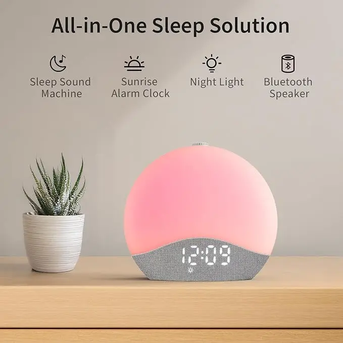 Sunrise Alarm Clock Upgraded Backlit Buttons 26 Soothing Sounds White Noise Machine Night Light, Bluetooth Speaker Wake Up Light