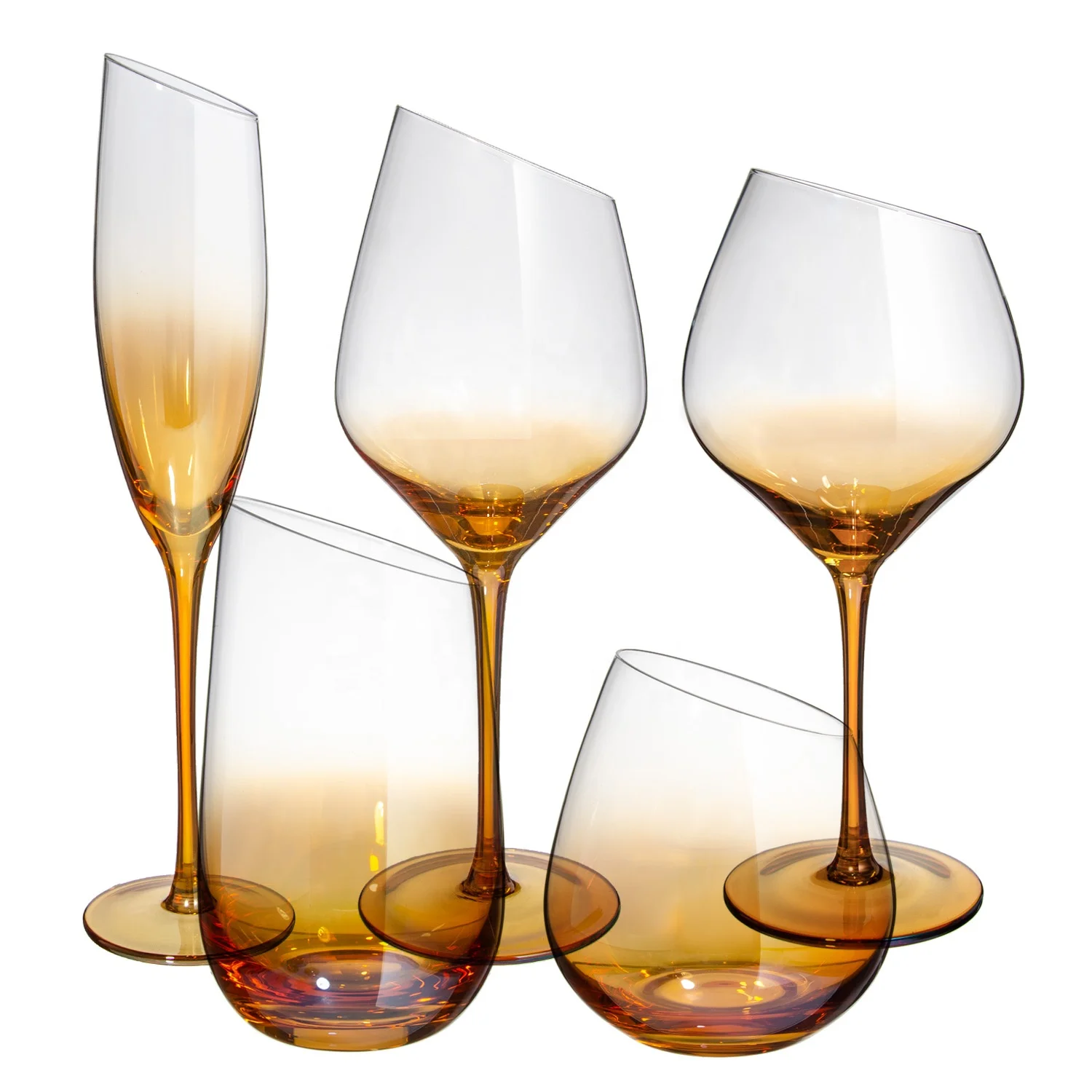 wedding Crystal Round goblet amber Colored slanted Ribbed white Red Wine Glasses set of 6