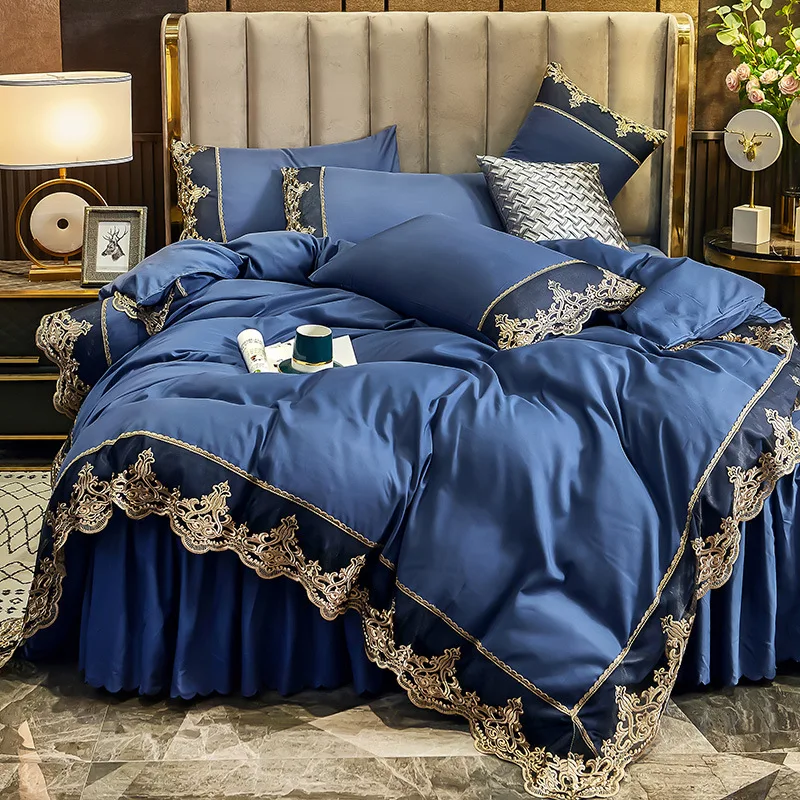 western luxury design korean princess style 4pcs wedding lace edges duvet cover bedsheet bedding set