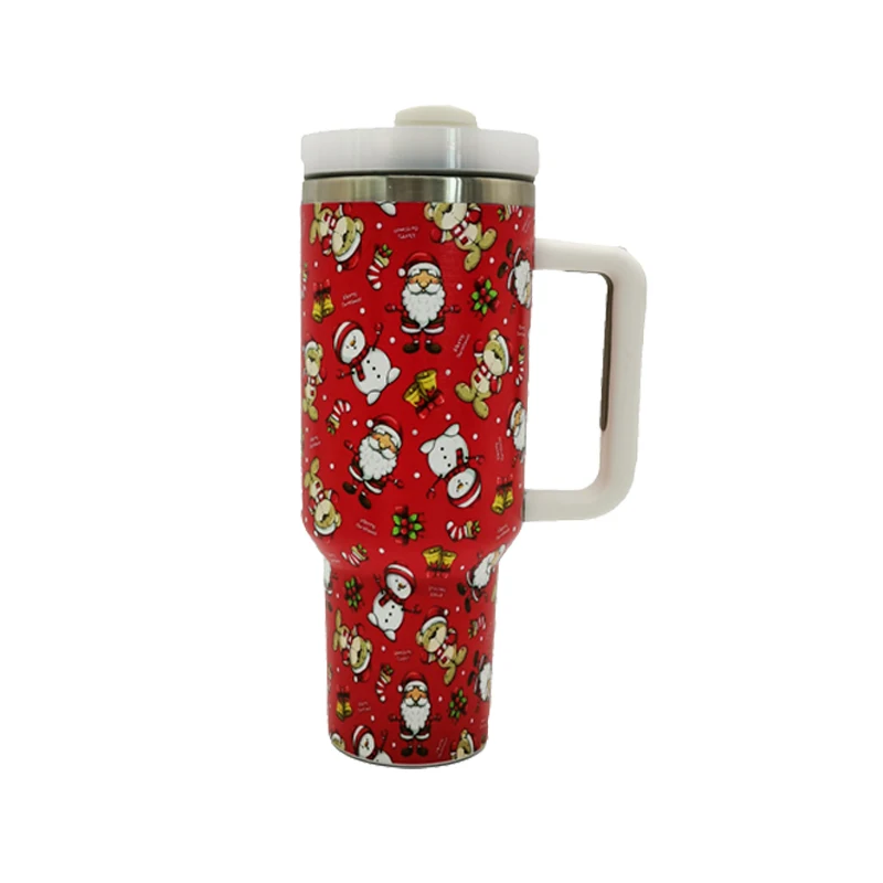 New Arrival Merry Christmas Sublimation Double Wall 304 Stainless Steel Christmas Printing 40oz Tumbler Coffee Mug with Handle