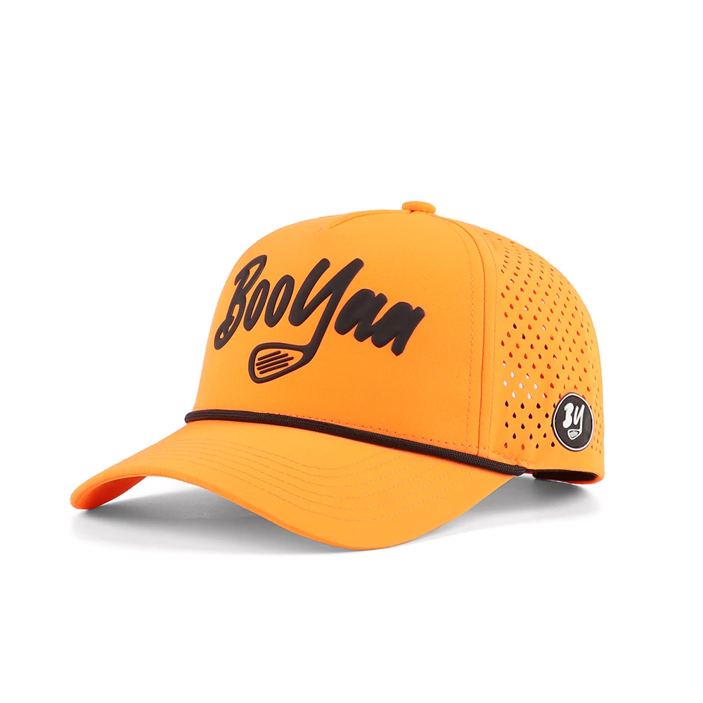 Custom Embossed PVC Logo 5 Panel Laser Cut Hole Perforated Performance Hat Waterproof Sport Baseball Cap Rope Quick Dry Golf Hat
