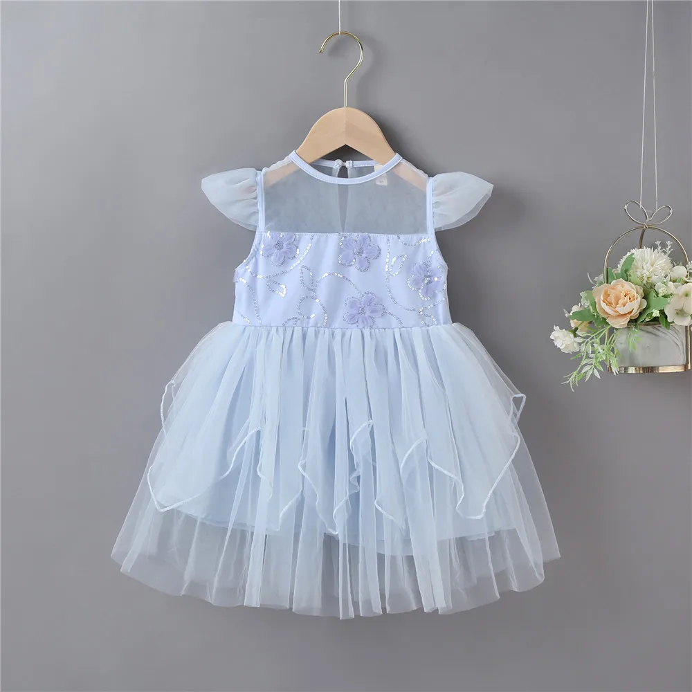 2021 Princess Elegant Sequin Patterns Fancy Party Flower Puffy Sleeve Girl Dresses Wedding Ball Gown Dress