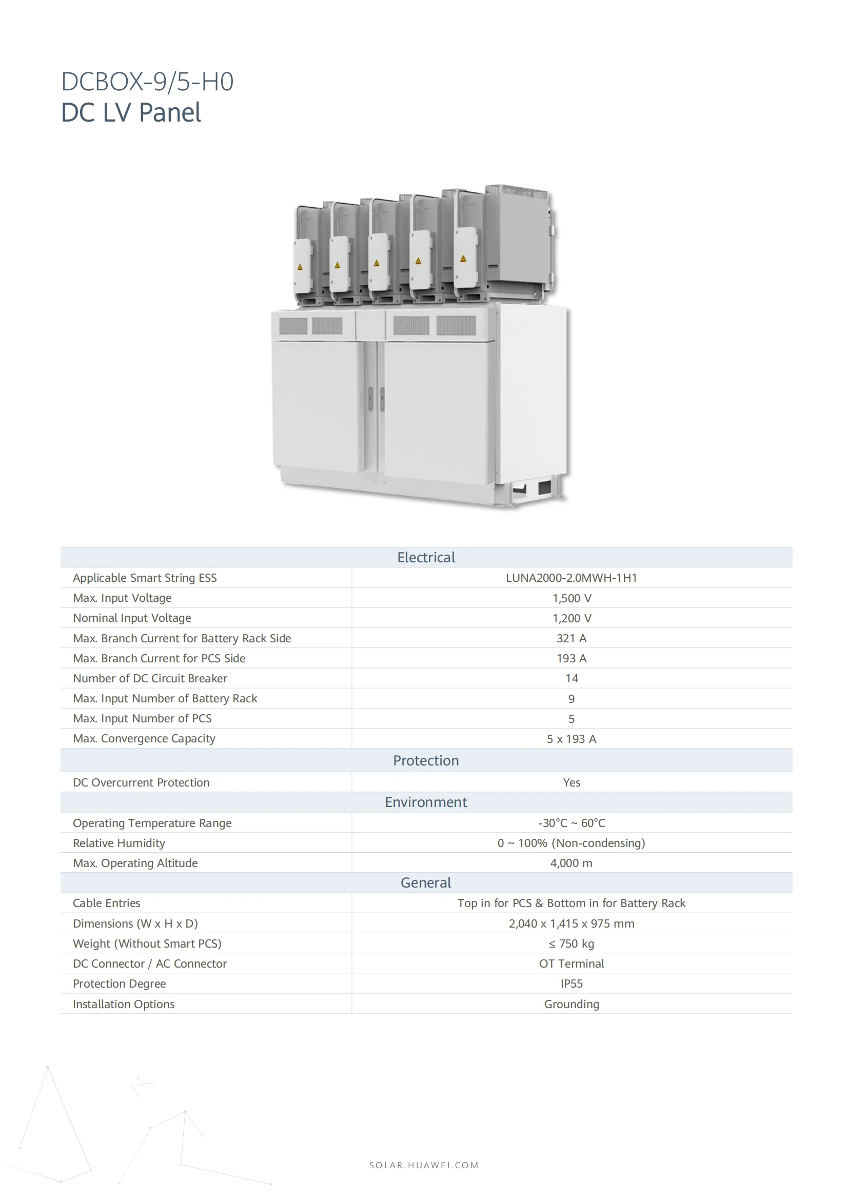 Huawe1  dcbox-9/5-h0 dc-dc lv panel  supports connections of up to nine Smart Rack controllers to five Smart PCS units