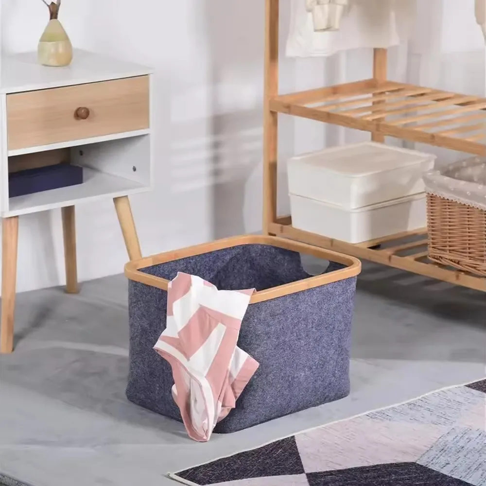 Collapsible laundry Bamboo frame eco-friendly Felt Storage Basket for Shelves Closet Customizable logo