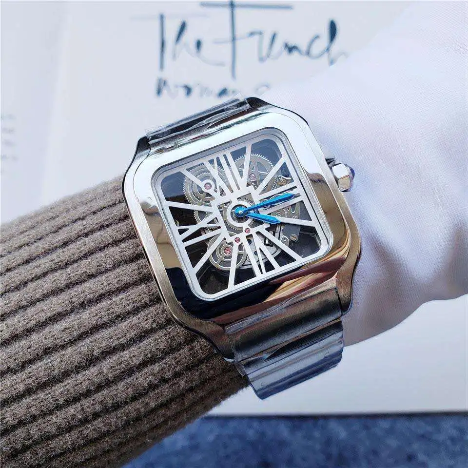 Wrist Watch Men Luxury Customised Skeleton Mechanical Solid Steel square Watches Branded Watches for Men Hollow Out Movement