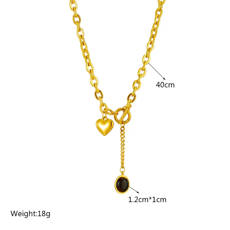 Simple Fashion 18K Gold Plated Tassels Thick Chain Stainless Steel T Buckle Love Pendant Necklace