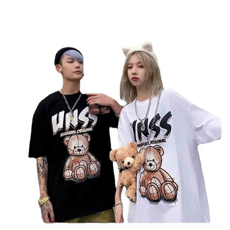 Loose Custom Couple shirt Short Sleeves Print Trend Cartoon Summer OEM Streetwear Fashion T Shirts Casual  Printing Bear t shirt