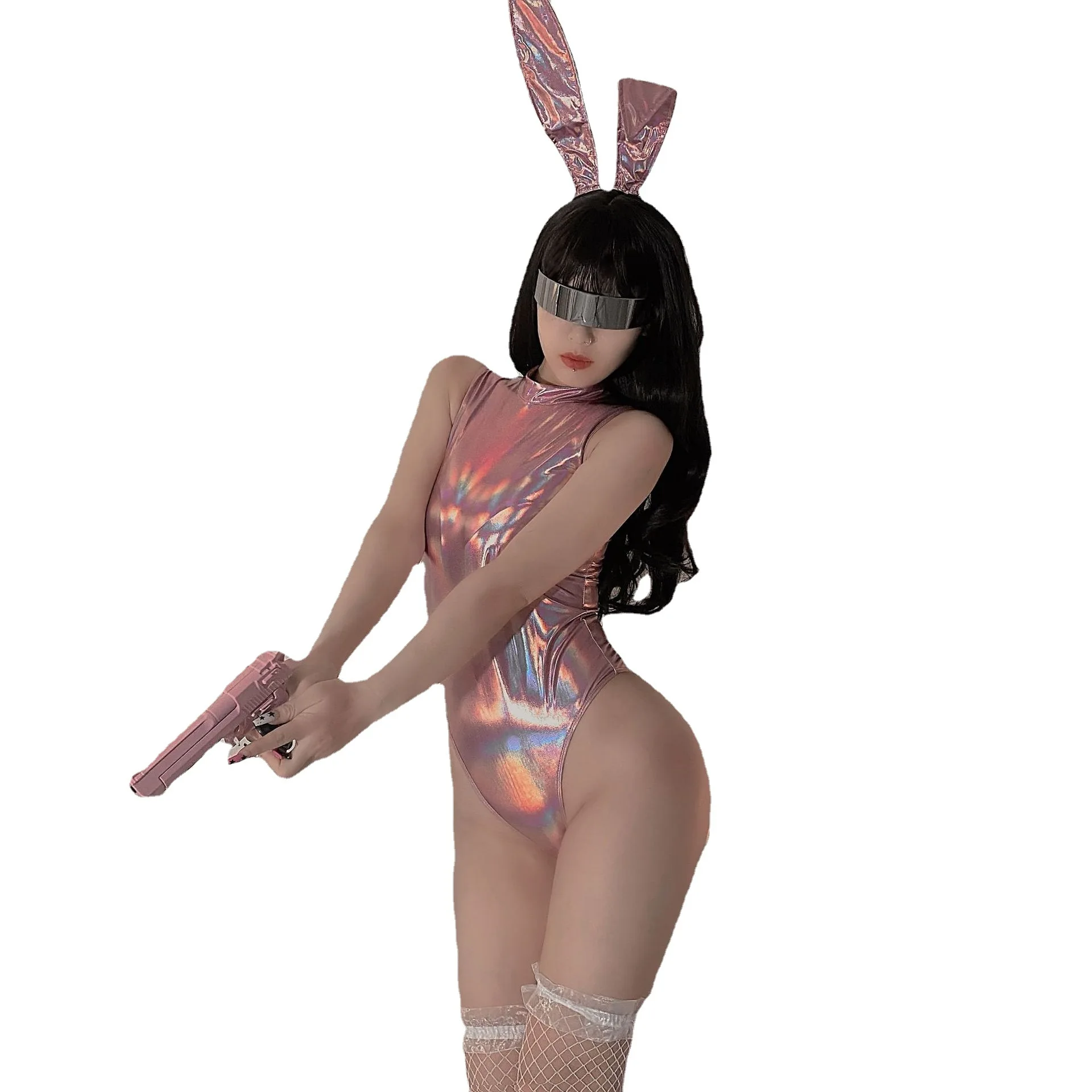 Erotic lingerie bunny girl role-playing laser patent leather sexy tight-fitting hidden button openable jumpsuit