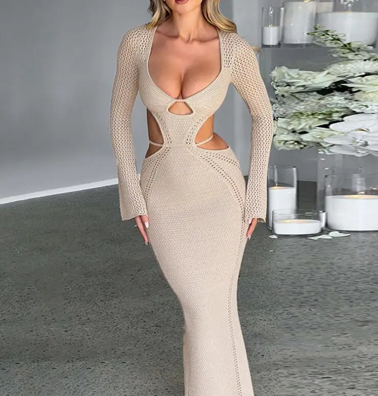 STOCK 2Colors Hollow Out Party Cut Backless Maxi Lvory Pretty Crochet Knit Long Sleeve Lady Casual Dress