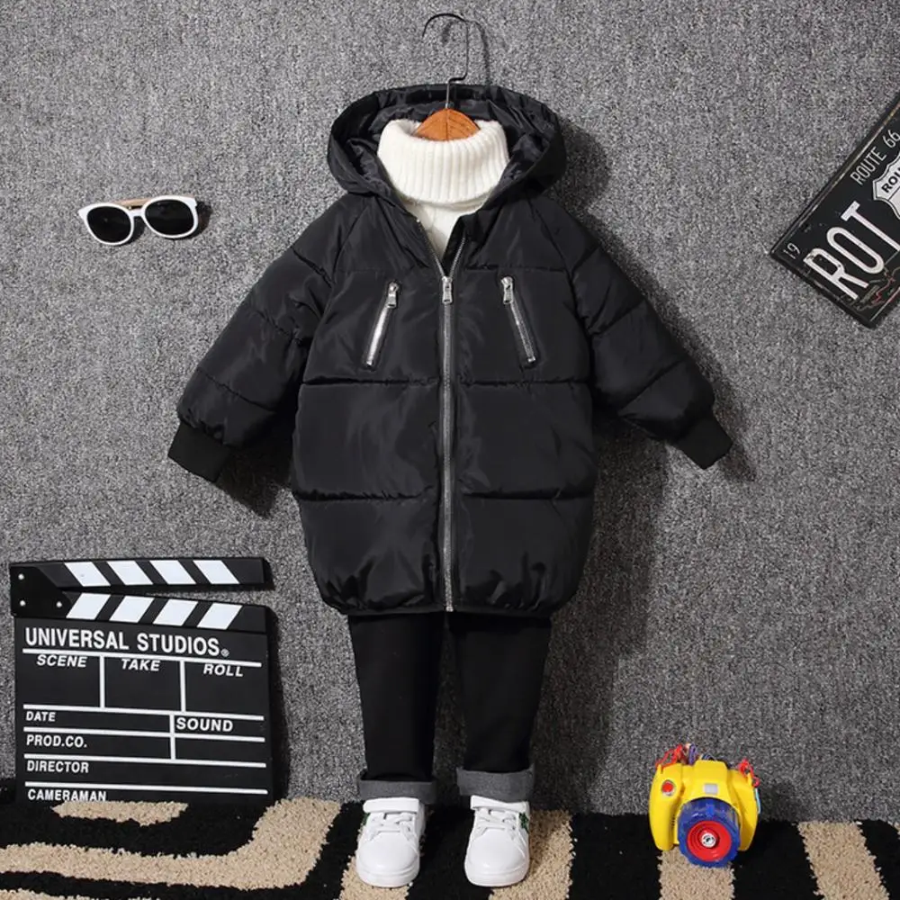 
kids thickened winter long coat with zippers pockets children casual clothes 