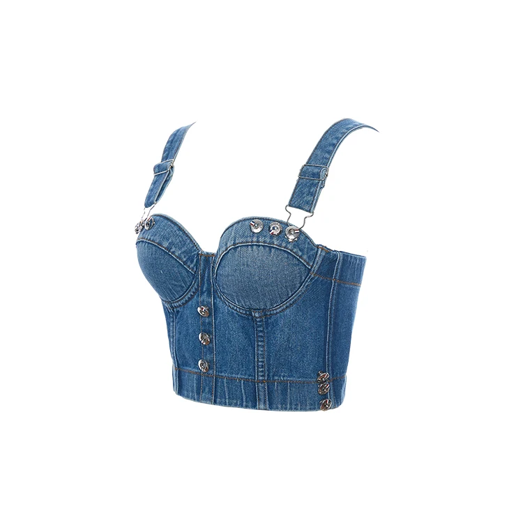 High Quality New Fashion Design Women Front Button Denim Crop Tops bustier