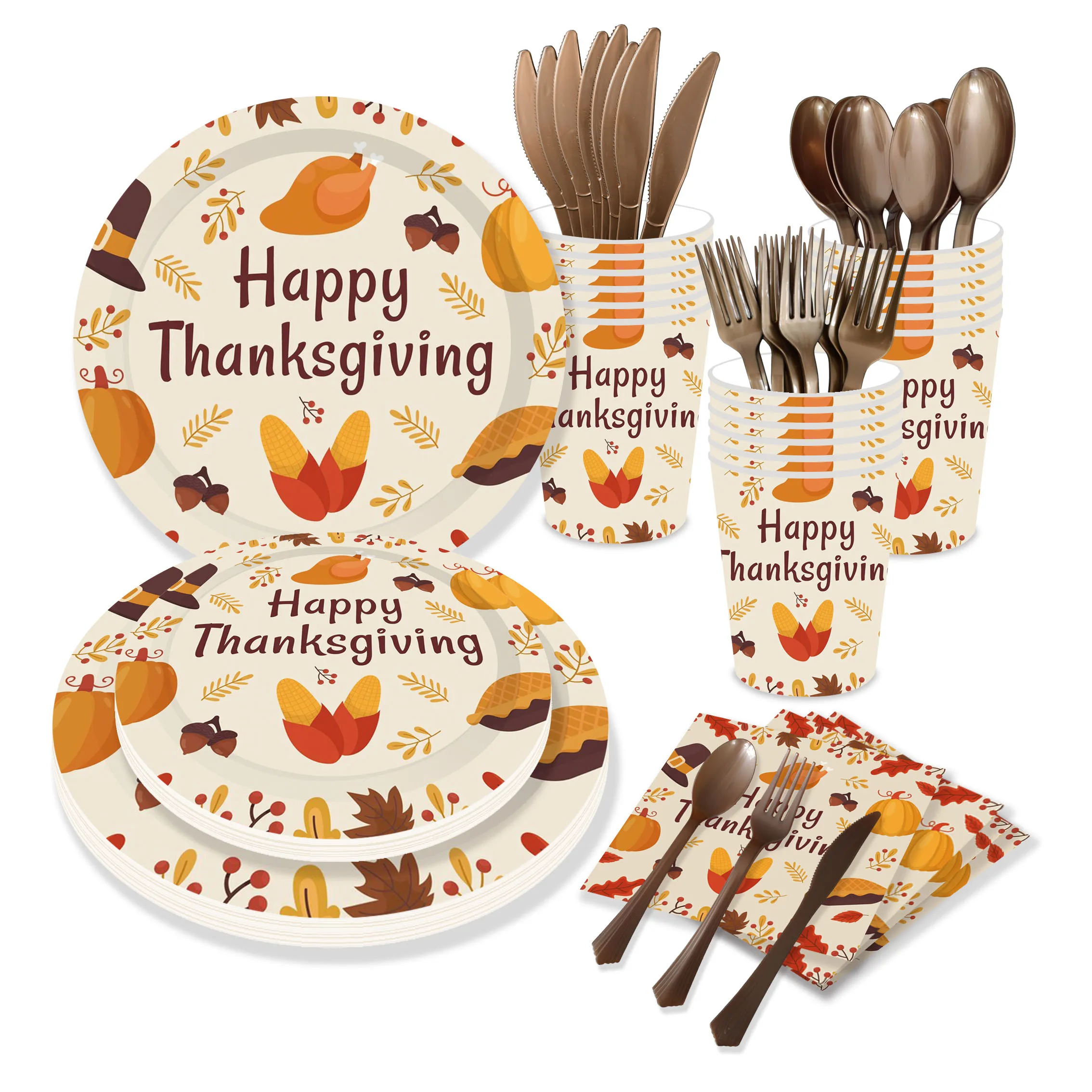 Thanksgiving Turkey Cartoon Theme Disposable Tableware Paper Plates Cups Flag Birthday Family Party Decoration Supplies