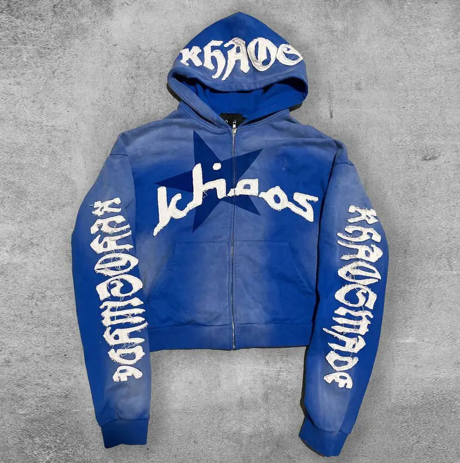 Streetwear Custom Acid Washed Vintage Tracksuit Men Streetwear Distressed Patchwork Hoodie And Sweatpants Set Sweatsuit