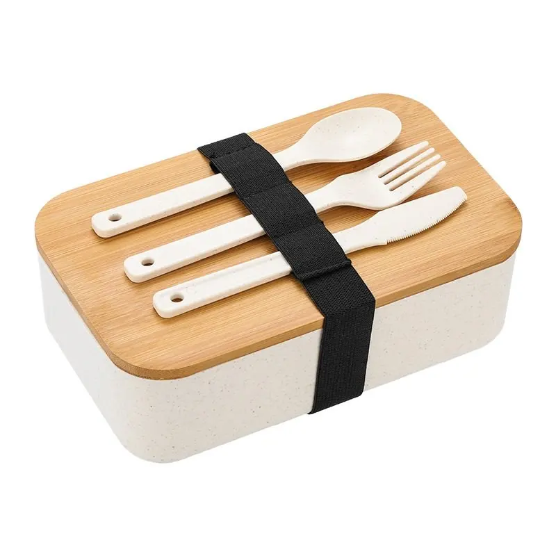 Cheap Eco-Friendly Wheat Straw Bamboo Lunch Box Customized Logo Bento Lunch Box with Cutlery for Promotional Gift