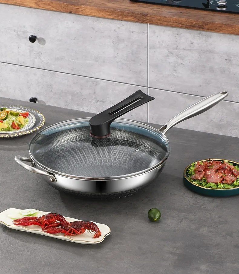 Stainless Steel Non Stick Frying Pan With Long Handle Honeycomb Side Woks Cooking Pot High Quality Cooking Pot