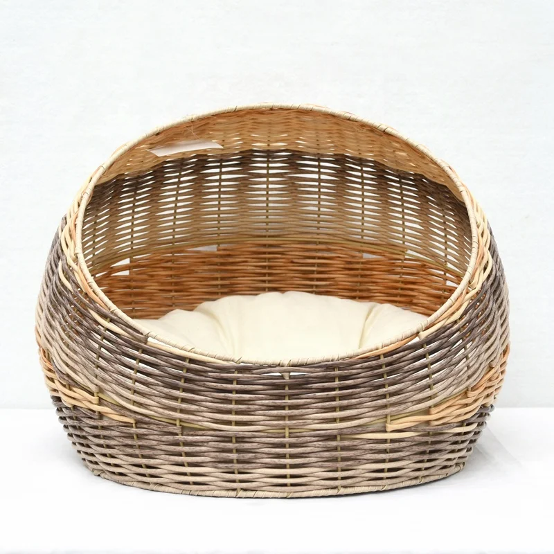 Wholesale Cheap Hand Made Plastic Rattan Luxury Pet Bed with Soft Cushion for Cats or Small Dog, weaving Wicker Basket Pet House