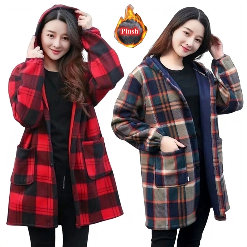 Women Thick Fleece Warm Coat Single Breasted Pocketed Hooded Overcoat Autumn Winter Female Loose Plaid Woolen Coat