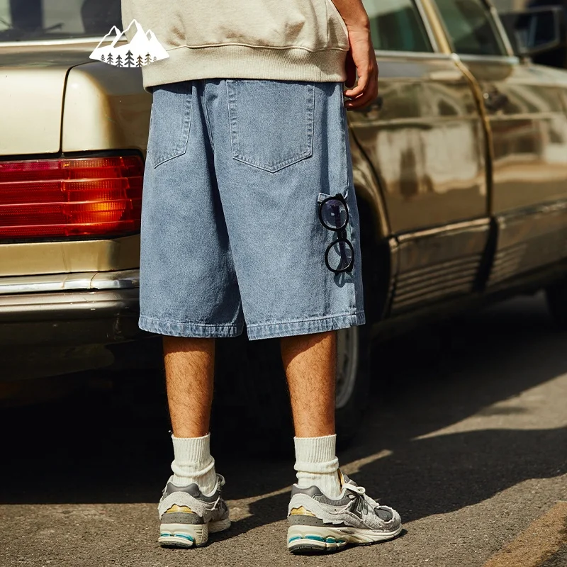 OEM Service Retro Loose Straight Shorts Demin Distressed Washed Solid Color Denim Shorts