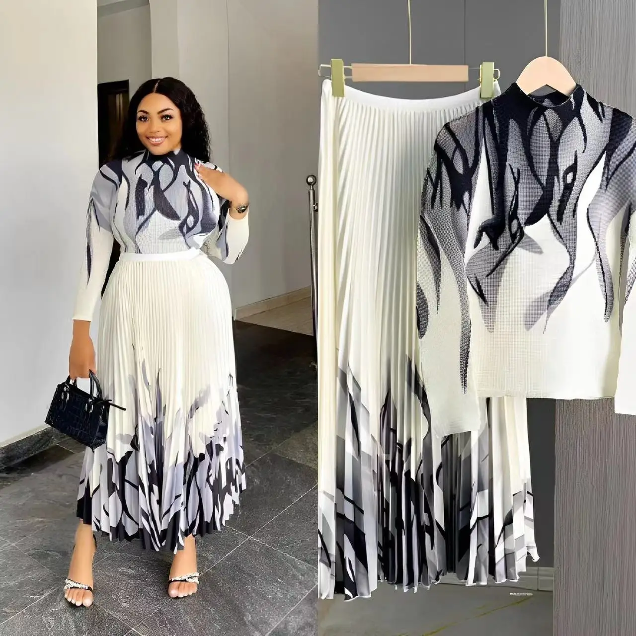 Miyake Pleated Temperament Corrugated Printed Pleated Skirt Set Fashion Design Sense Two-piece Set