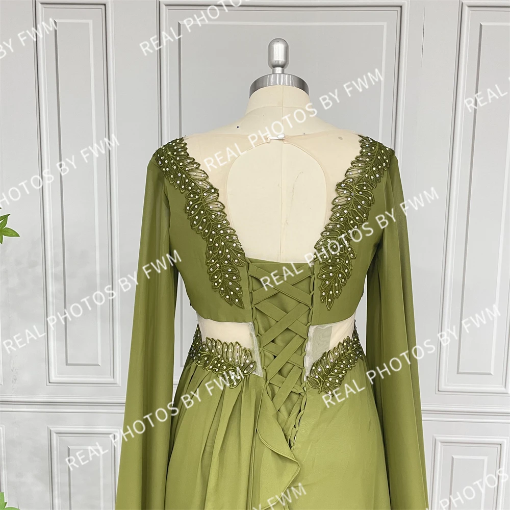 100% Real Photos High Quality Green Leaf Appliques Cut Out Long Sleeves Special Events Dress For Women Celebrity Evening Gown