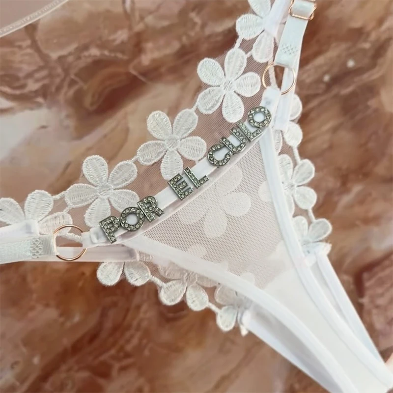 2024 Custom Letter Name Sexy lace Embroidered Underwear Tangas flower Panties with rhinestone letter Thong