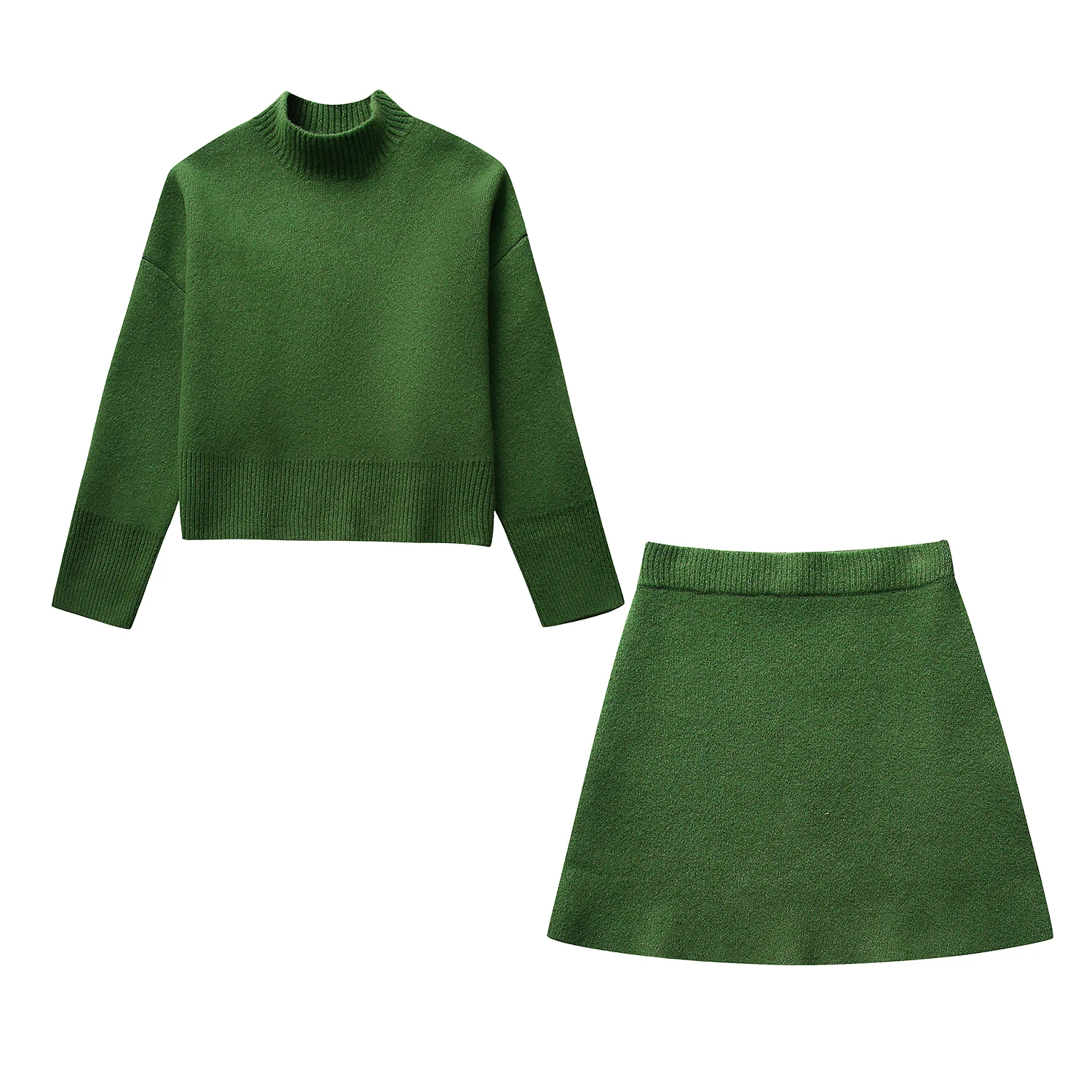 Stand collar green color long sleeve knitted casual fashion women pullover sweater