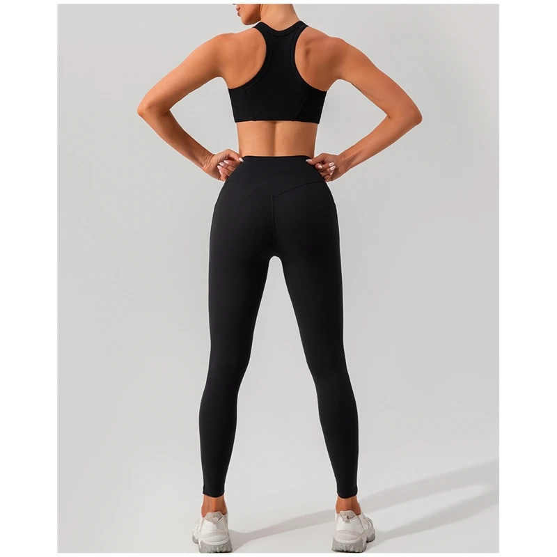 ribbed red yoga workout sets gym fitness sets plus size with pockets for women