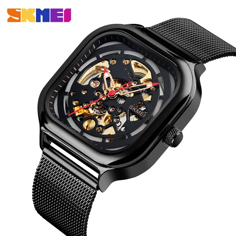 SKMEI Automatic Mechanical Watch Men Waterproof Hollow Art Strainless Steel Mesh Strap Watches Montre Homme Fashion Clock 9184