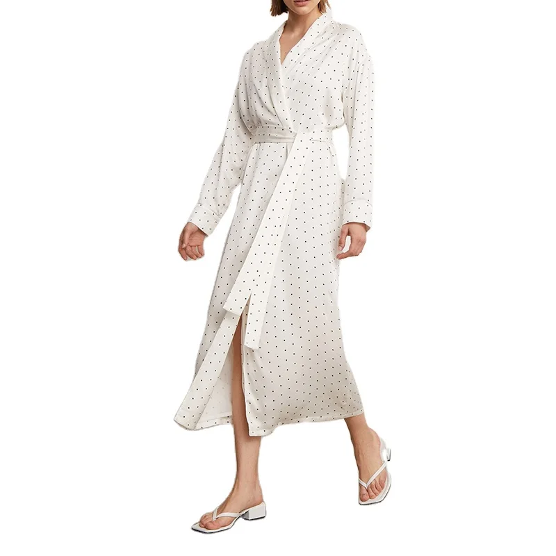 Oem Custom Elegant Casual Shawl Collar Long Sleeves Polka Dot Print Open Front Kimono Dress For Women