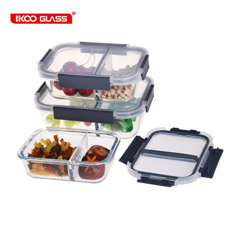high grade flat glass lunch box with divider of most classical hot selling lid