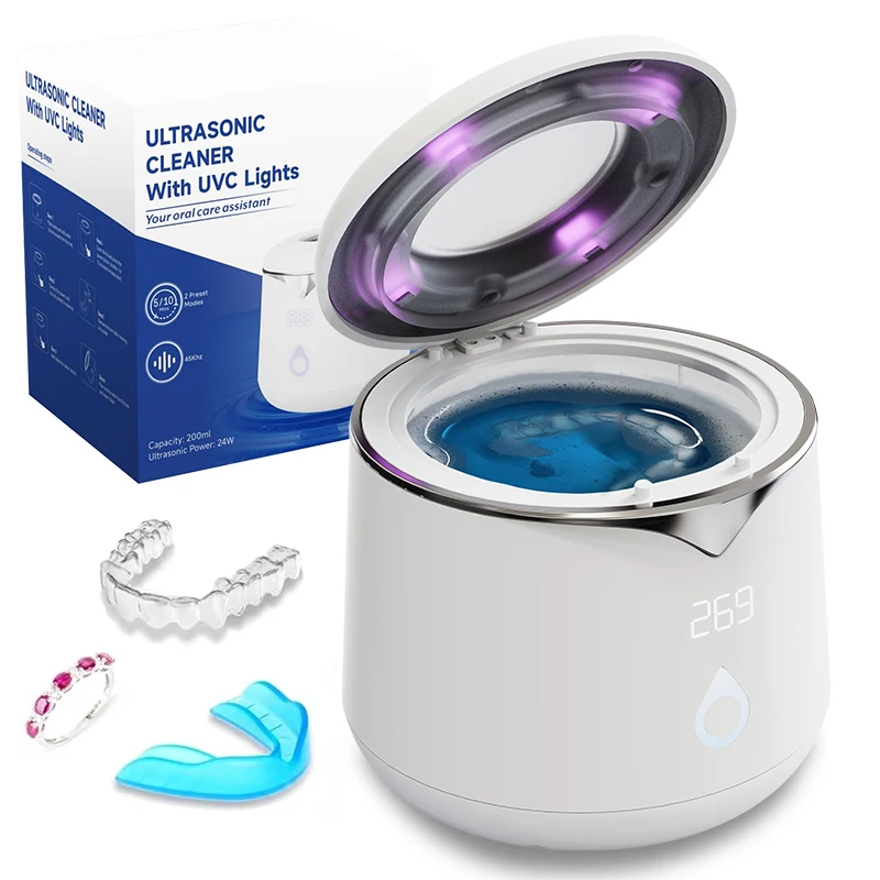 200ML Portable 45KHZ Uv Light Ultrasonic Retainer Cleaner Ultrasonic Jewelry Cleaner For Dentures, Aligner, Braces, Mouth Guard