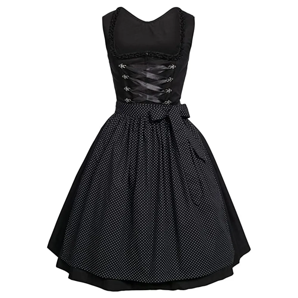 Long Midi Mid-calf Length Brown German Embroidered Oktoberfest Dirndl Dress With Lace Apron & Crop Top