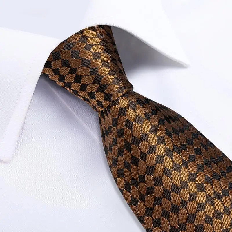 Wholesale Business Brown Gold Ties Men Custom Mens Silk Neckties Handkerchief Cufflinks Set