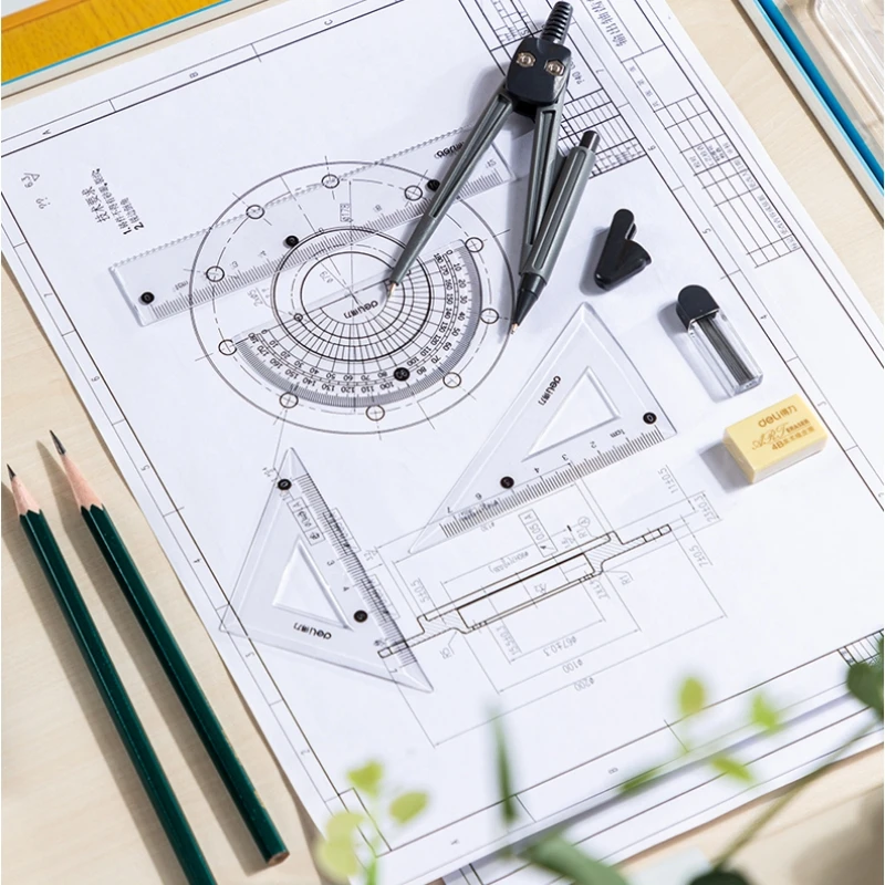 Deli 79524 Drafting 7 PCS set Students use drawing ruler triangle ruler protractor compass set 144pcs per carton set