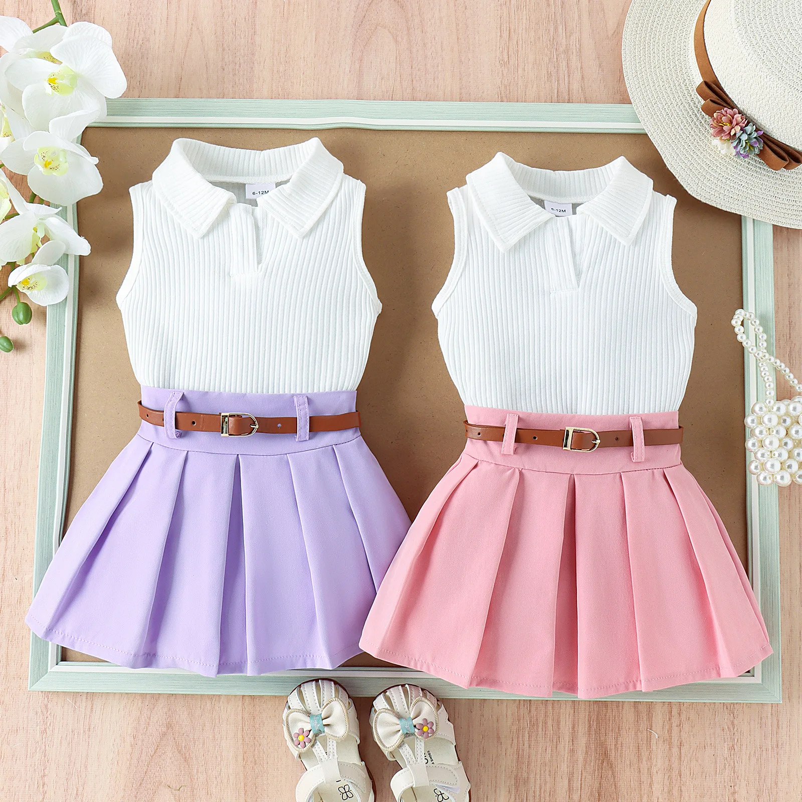 Summer Kids Fashion Clothes Sets Sleeveless Turn-down Collar Solid Vest Pleated Skirt With Belt Casual Outfit Kids Clothing