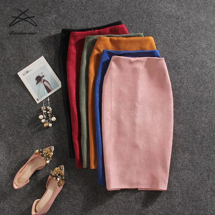 New women fashion bodycon bud official suede pu leather midi skirt for women skirts