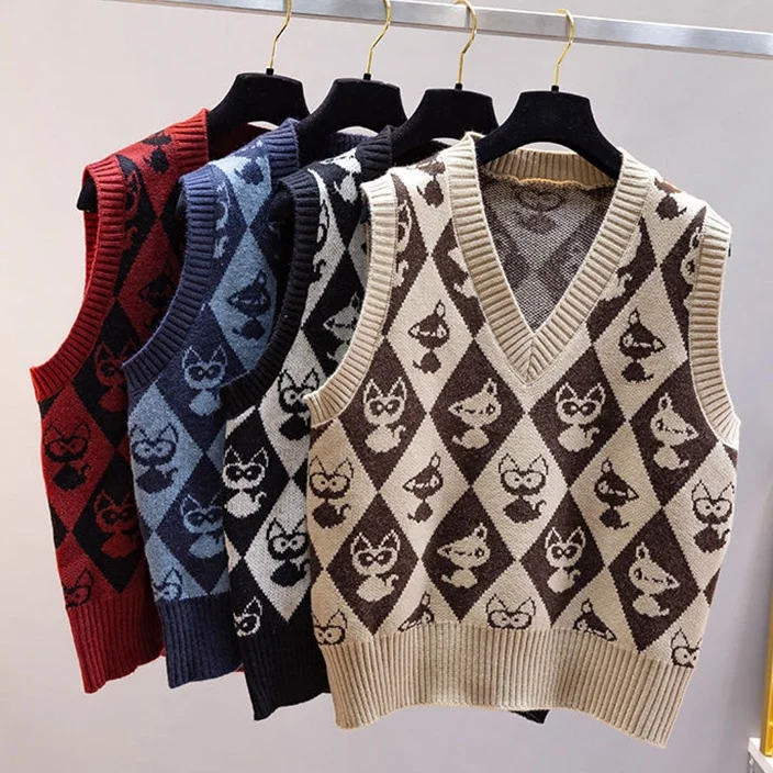 Japanese Womens Sleeveless Knit Sweater Vest Preppy Clothes Y2k Cat Pattern Knitwear Korean Girls Crop Tops School Uniform
