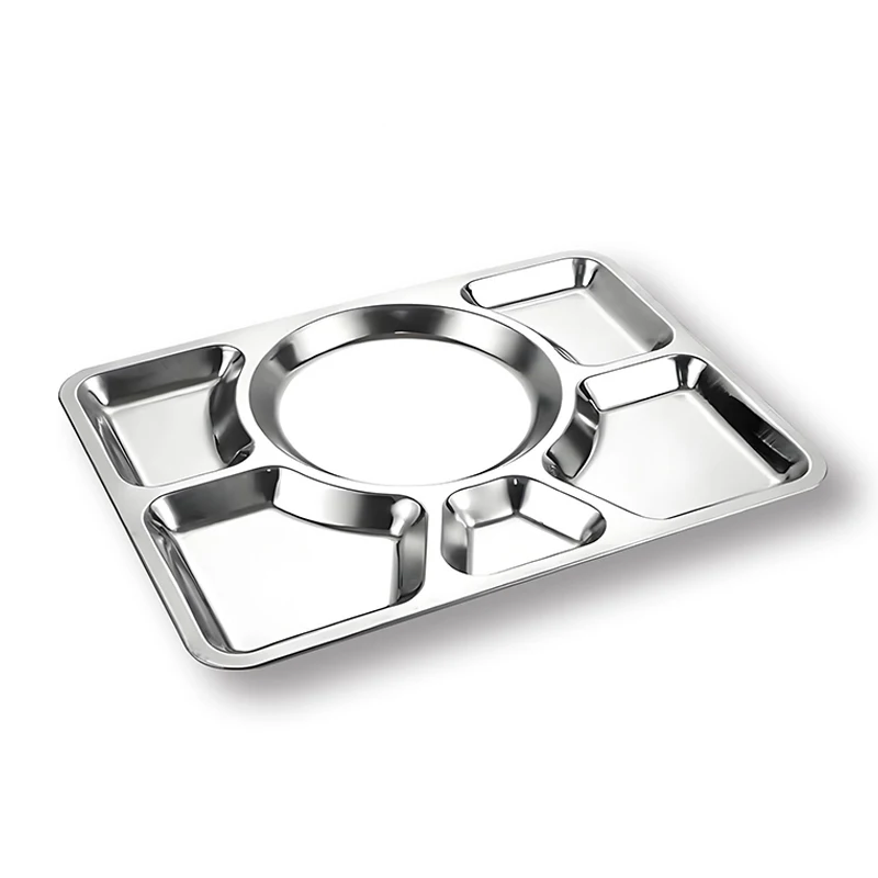 Factory Wholesale 201/304 Stainless Steel Divider Plate 6/7 Compartment School Canteen Food Trays for Catering