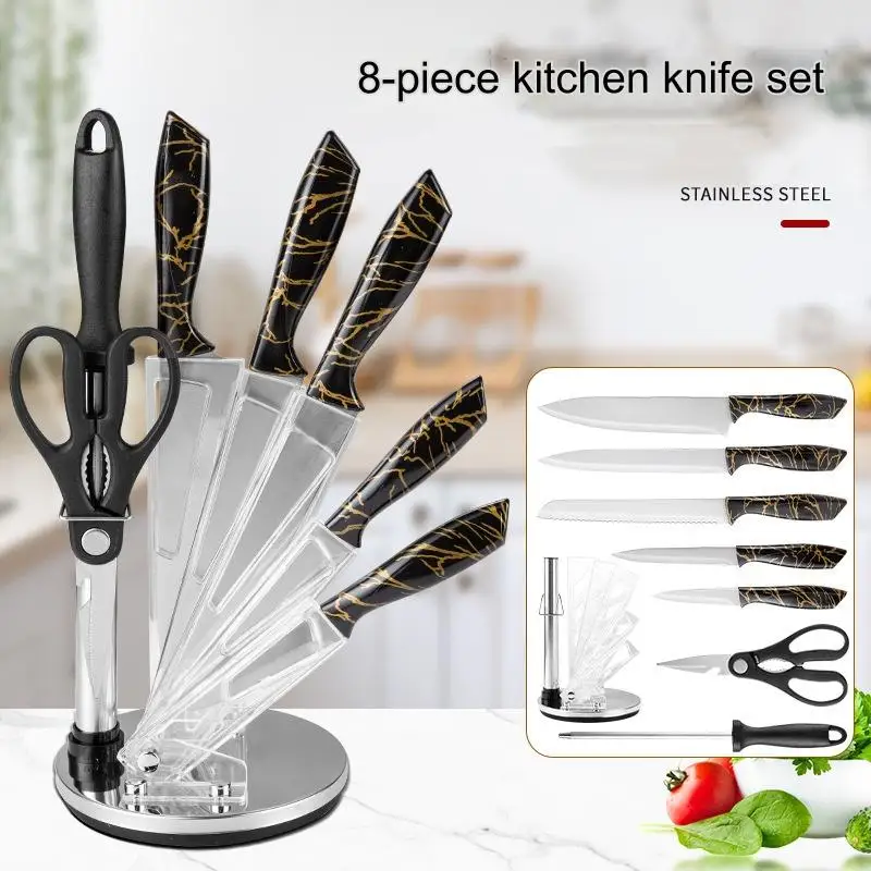 Stainless Steel Chef Knife Kitchen Knife Fruit Scissors Combination Spray Paint Rotating Seat 8-Piece Knife Set