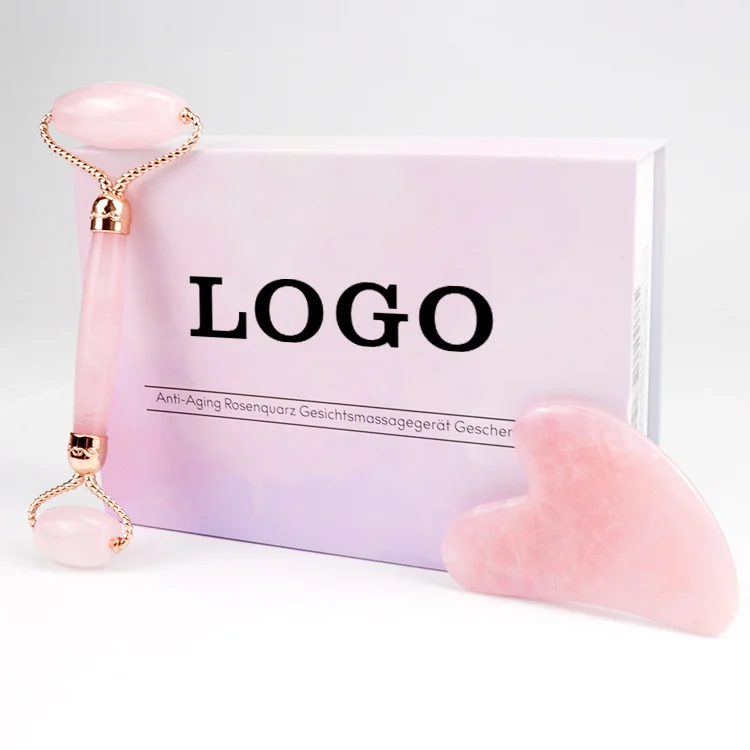 
Luxury Metal Holder Rose Quartz Handle Natural Jade Stone Facial Jade Roller Face Massage 