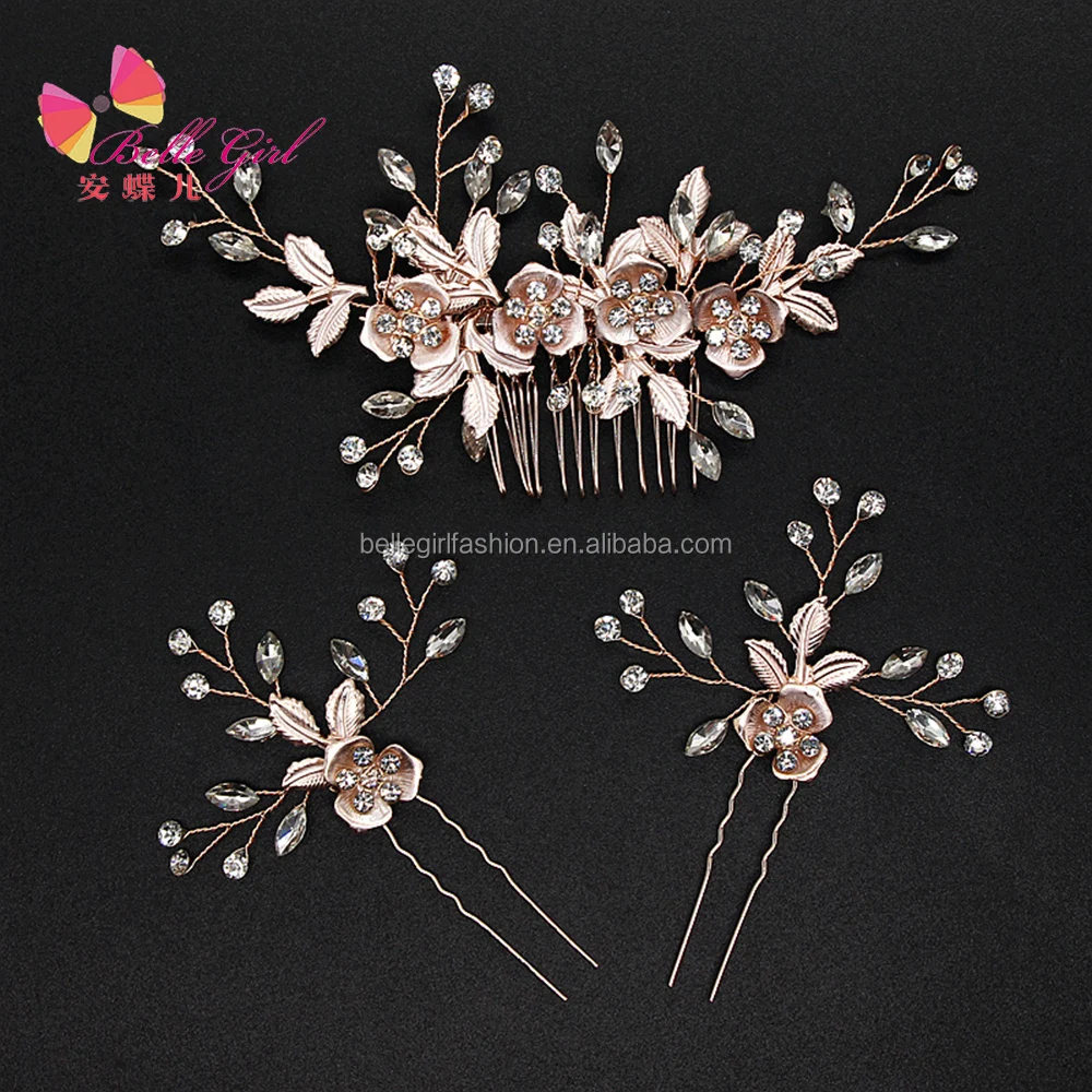 Wedding bridal jewelry set Tiara luxury 3 pcs gold color metal leaves 4 flowers rhinestones U shape hair pins and hair combs set