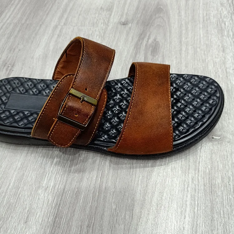 New design vintage leather good quality hardware decorative belt buckle mens slides slippers
