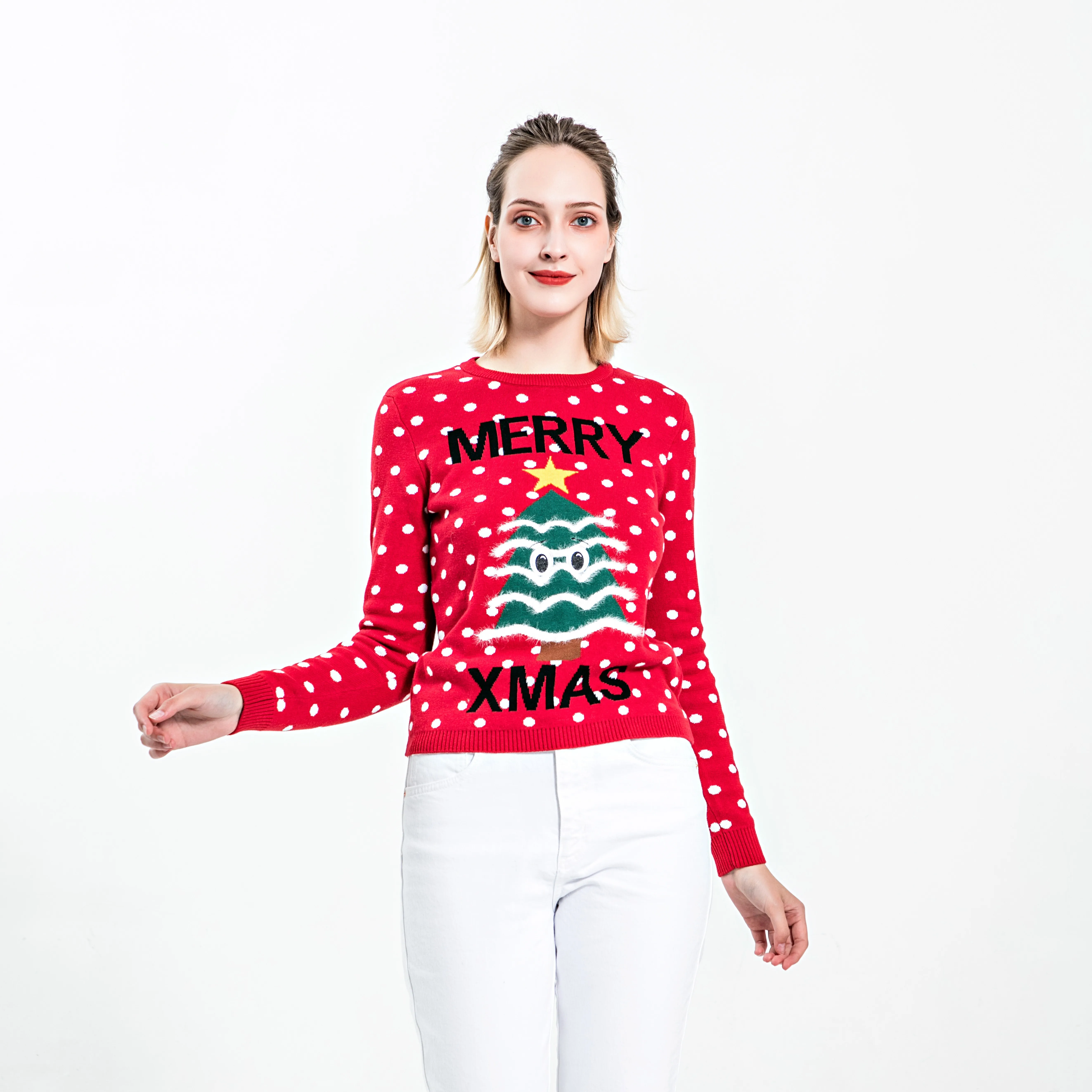 
ODM/OEM custom Christmas Sweater For Women Crew neck Snowman Jacquard Women Knit wear Soft Clothes Christmas Ugly Sweater 