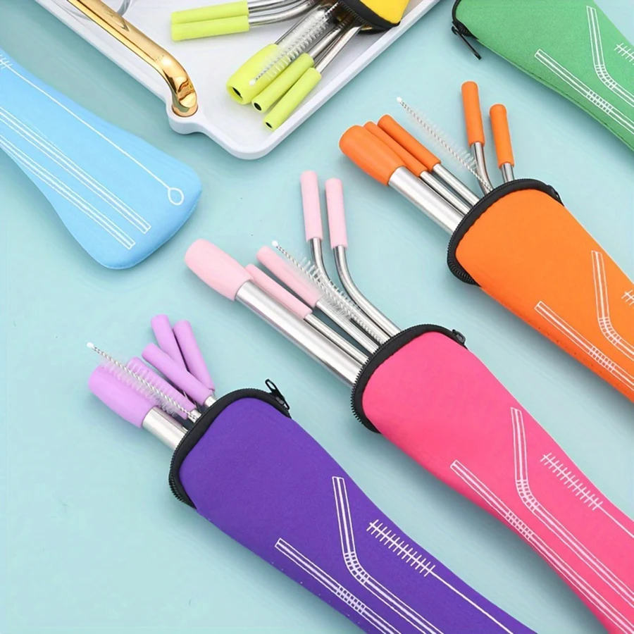 6Pcs/set Reusable Silicone Boba Bubble Tea Drink Straw + Clean Brush Stainless Steel Straws Set