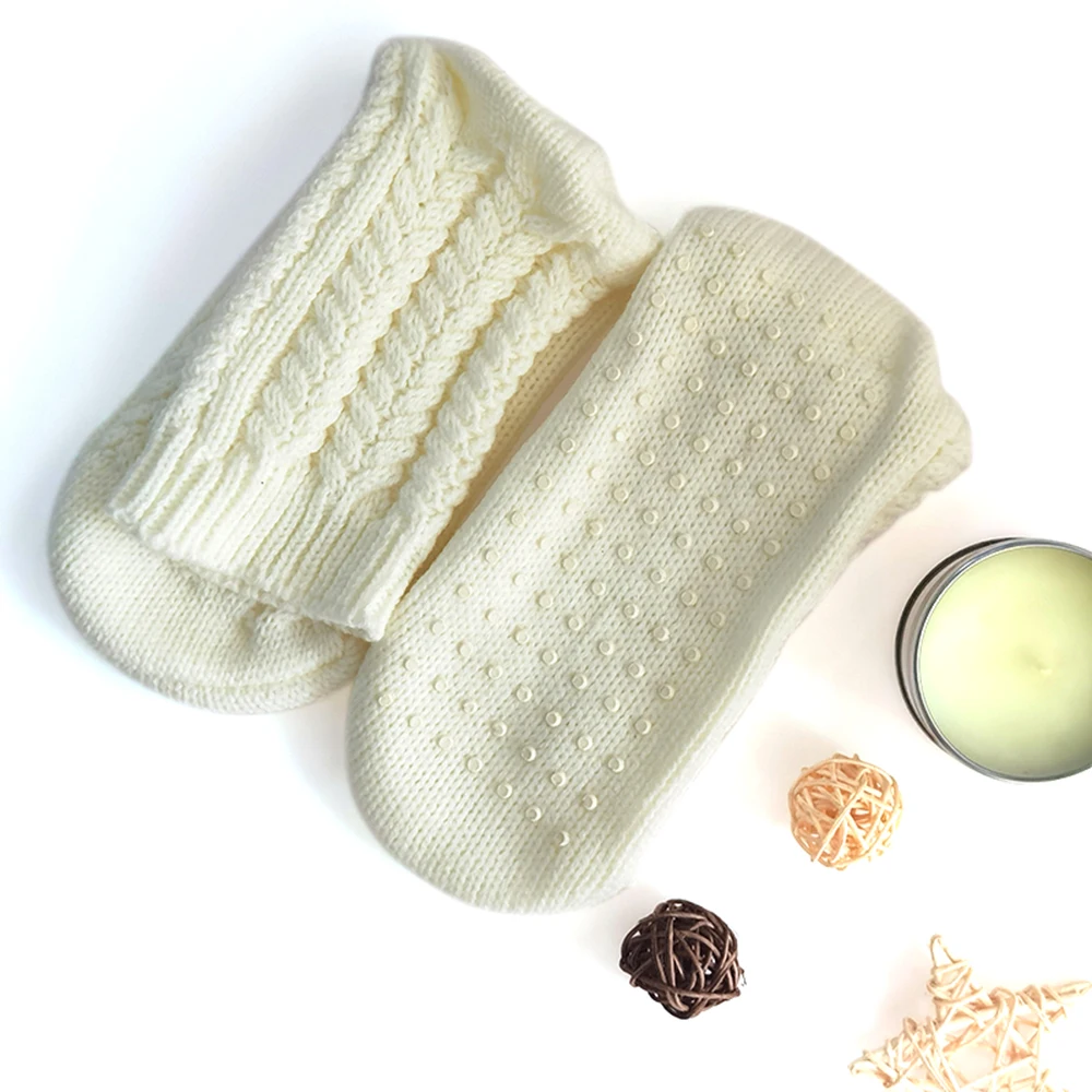 Long slipper socks with rubber sole for adults indoor household solid white knitted non-slip warmer floor socks
