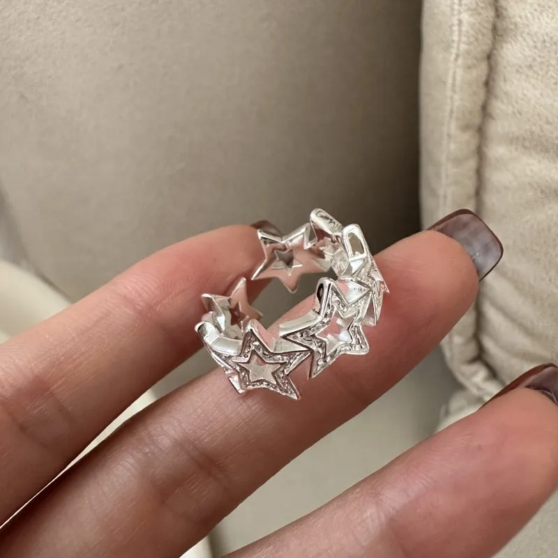 Jewelry Wholesale Simple Vintage Retro Real S925 Sterling Silver Hollow Five Star Finger Rings Fine Jewelry