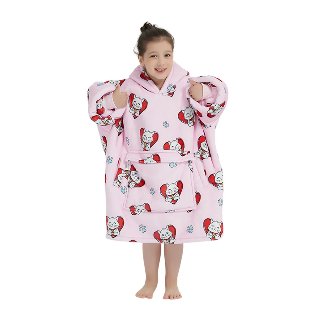 Dropshipping Lovely Animal Cat Design Oversized Soft Warm Fleece Hooded Kids Hoodie Blanket