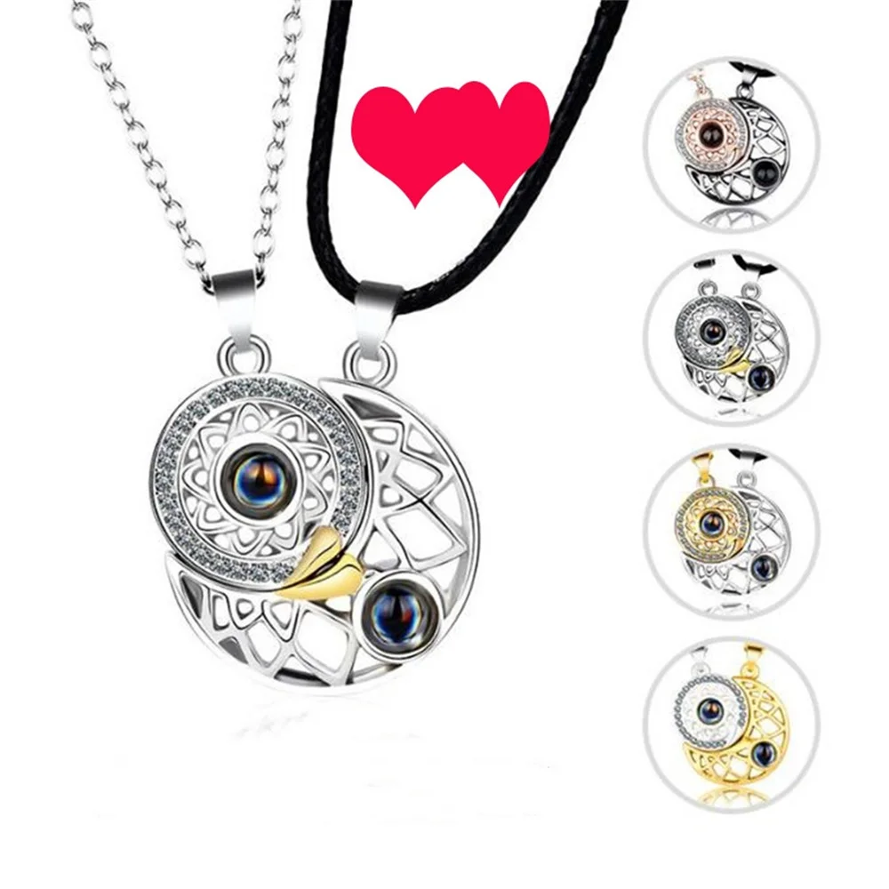 Korean Sun Moon Projection lovers Necklace 100 Languages I Love You Couple Necklace